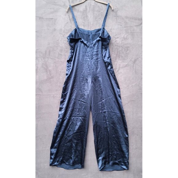 Free People Intimately Oh My Shine Satin Jumpsuit M Navy Blue Side Buttons NWOT - Picture 2 of 10